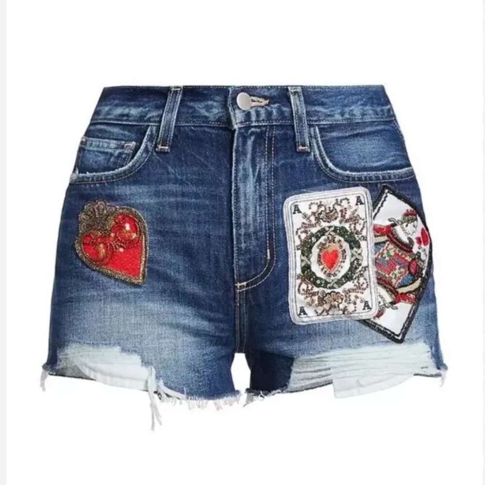 L’AGENCE 'Audrey' Playing Card Patch Denim Shorts Size 27